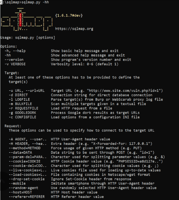 Using “sqlmap.py -hh” - example from the Internet
